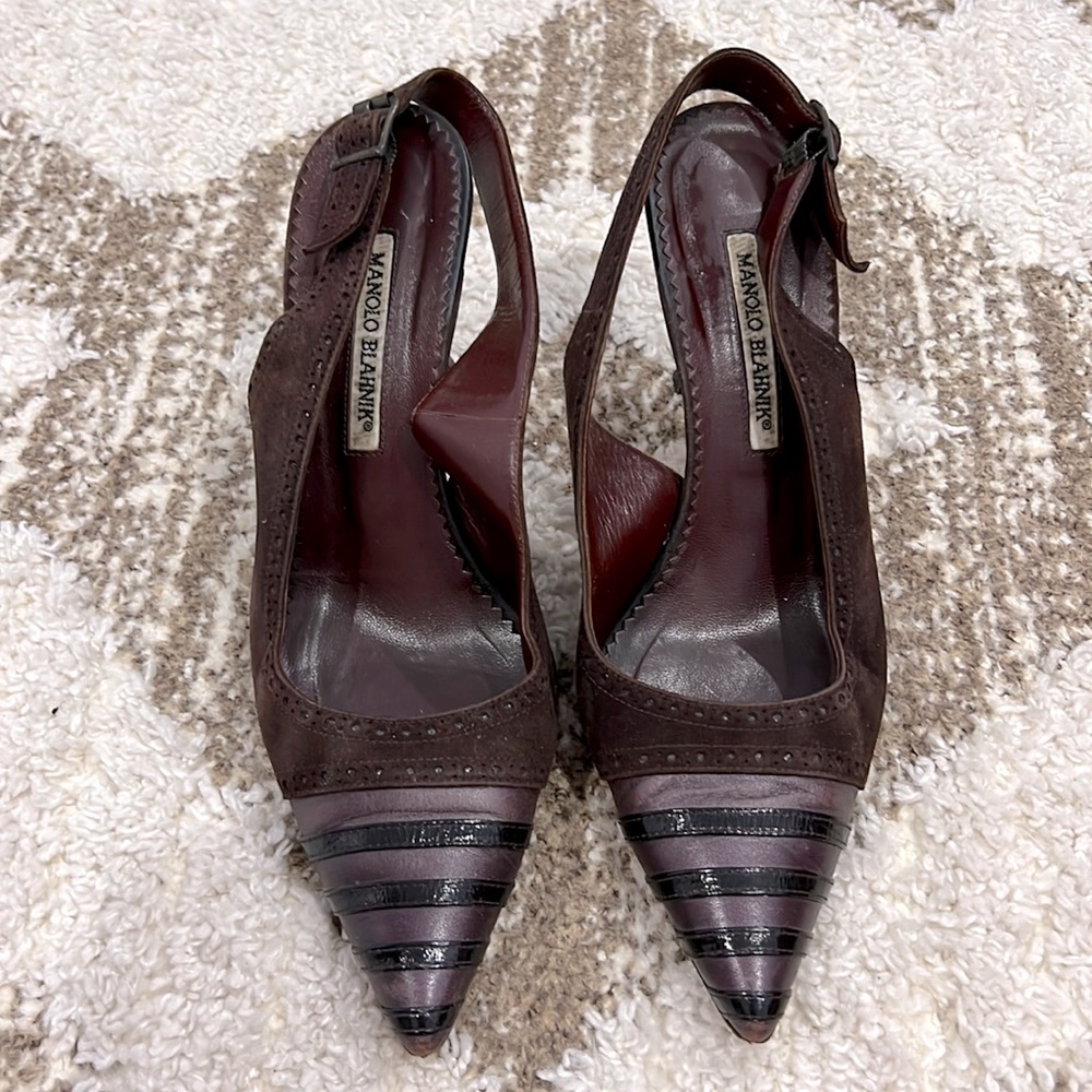 Manolo Blahnik combination of suede, leather, and patent leather. 3.5heel.